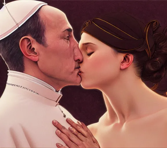 Image similar to photography of a pope kissing the breast of a sensual woman, deep focus, intricate, elegant, highly detailed, digital painting, artstation, concept art, matte, sharp focus, illustration, art by artgerm and greg rutkowski and alphonse mucha