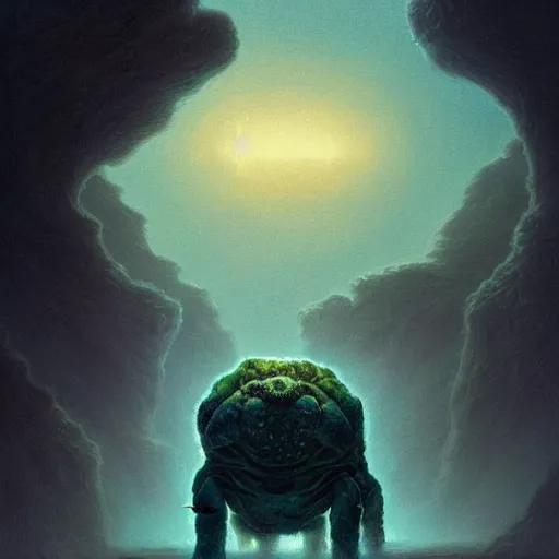 Prompt: fractal tardigrade!!! terror and horror painting tardigrade!!! descending onto an apocalyptic earth, by greg rutkowski and studio ghibli, inspired by zdzisław beksinski, cinematic, atmospheric, dramatic colors, dawn.