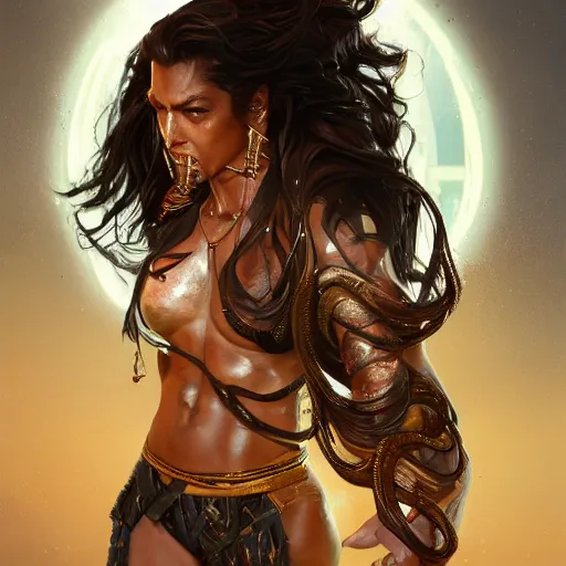 Image similar to portrait of tall hyper - muscular bronze - skinned warrior woman with long flowing black hair and big gold earrings, volumetric lighting, dynamic composition, art by sachin teng and sergey kolesov and ruan jia and heng z, scifi, hyper detailed, ultra realistic, sharp focus, wildlife photography, national geographic, octane render, concept art