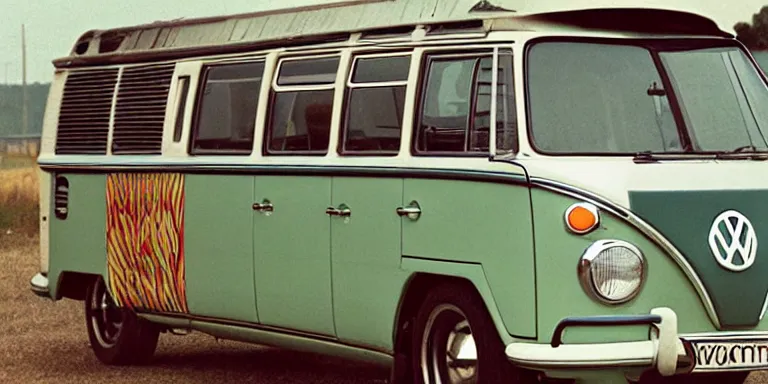 Prompt: photorealistic documentary style close macro up cinematography of a 1 9 6 8 volkswagon bus at the 1 9 6 9 woodstock festival shot on 1 6 mm eastman 7 2 5 4 film with a 6 5 mm cooke panchro macro lens shot at magic hour by cinematographers, malcolm hart, don lenzer, michael margetts, david myers, richard pearce, michael wadleigh