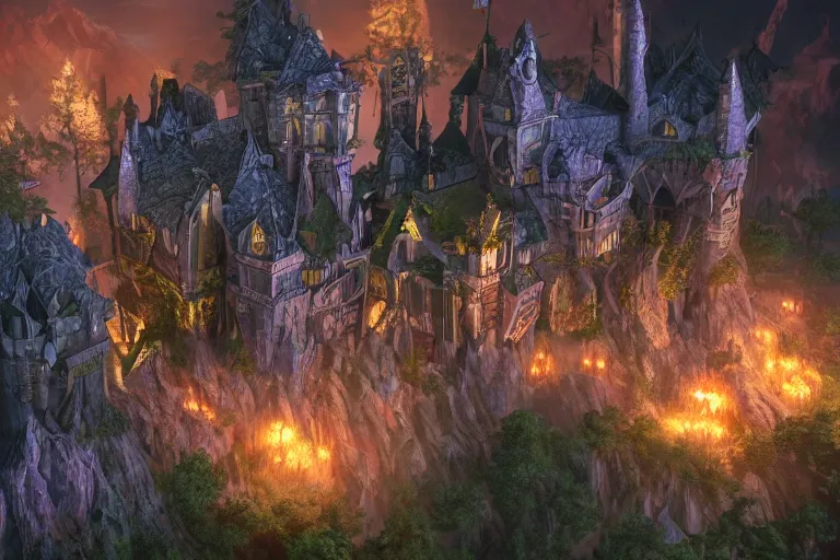 Prompt: big evil fairy castle - city rock dark shadow elves, might and magic heroes 7, dark fantasy, shadows, artstation trending, unreal engine 5, red