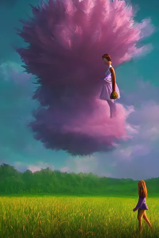 Prompt: giant corn flower head, girl walking in a green valley, surreal photography, sunrise, dramatic light, impressionist painting, colorful clouds, digital painting, artstation, simon stalenhag