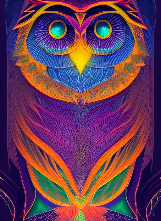 Image similar to symmetry!! product render poster vivid colors divine proportion owl, 神 圣, glowing fog intricate, elegant, highly detailed, digital painting, artstation, concept art, smooth, sharp focus, illustration,