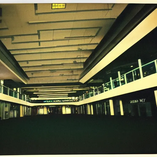 Prompt: A creepy photo of an empty mall from the 1980s, disposable film, flash photography