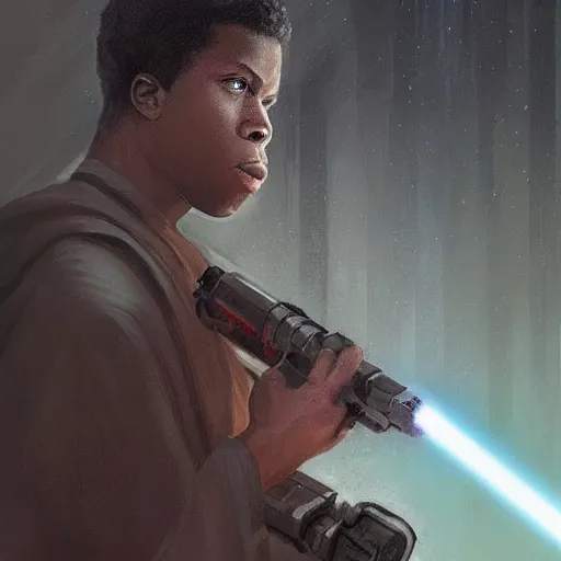 Image similar to scifi art by greg rutkowski, ben skywalker and a jedi that looks like john boyega training with lightsabers, star wars expanded universe, he is about 3 0 years old, highly detailed portrait, digital painting, artstation, concept art, smooth, sharp foccus ilustration, artstation hq