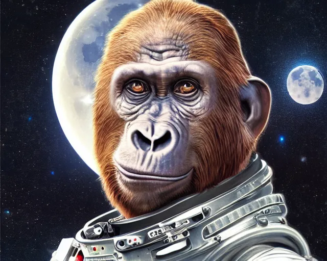 Prompt: hdr portrait photography an ape on a spacesuit! pointing to a full moon. cinematic, coherent portraits, from time magazine, intricate, elegant, highly detailed, digital photo, trending on artstation, hdr photo, smooth, sharp focus, illustration, art by artgerm and greg rutkowski and alphonse mucha