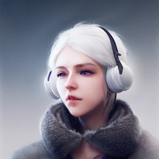 Prompt: a white haired girl wearing earmuffs with bionic eyes, digital art, 8 k resolution, unreal engine, highly detailed, pretty face, very beautiful face, very detailed eyes, photorealistic by wlop, greg rutkowski