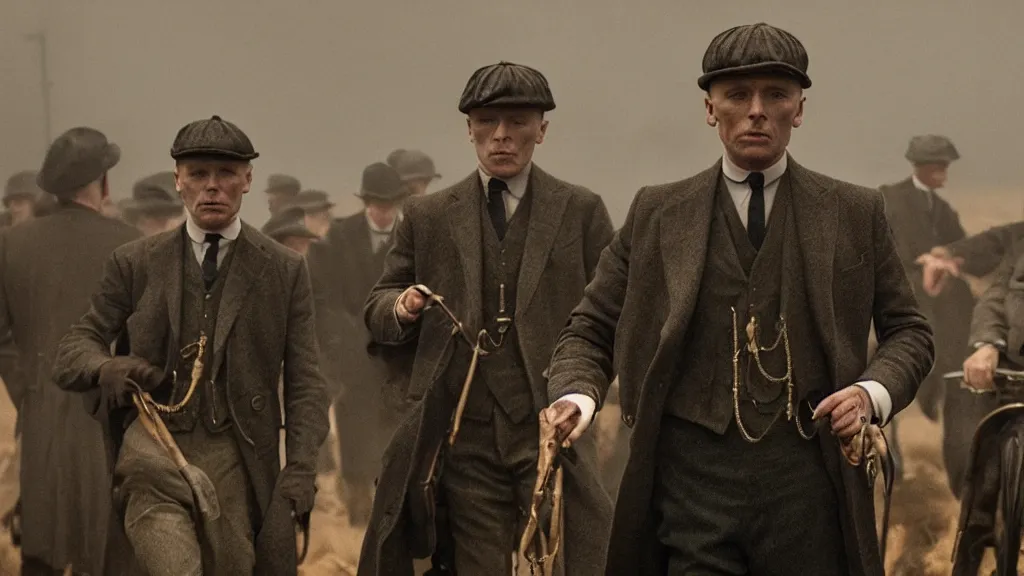 Image similar to the peaky blinders made out of shrimps, film still from the movie directed by denis villeneuve with art direction by zdzis