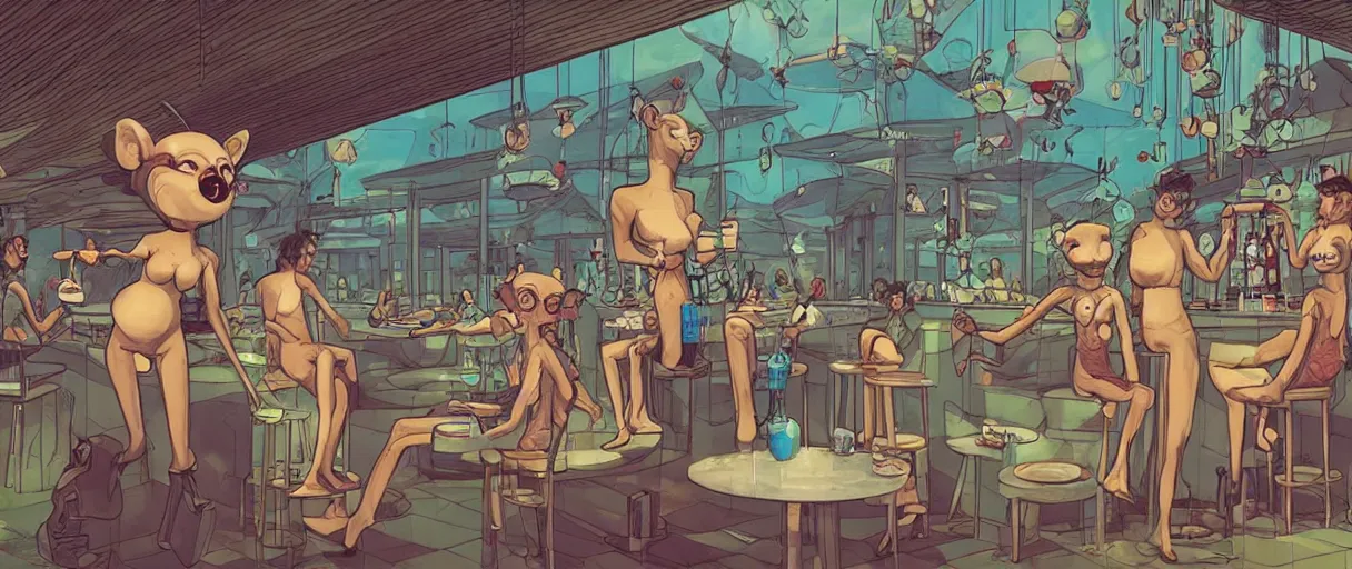 Image similar to a beautiful illustration of a strange anthropomorphic android monkeys having drinks at an outside pool bar by James Jean | comic book:.7 | unreal engine:.3