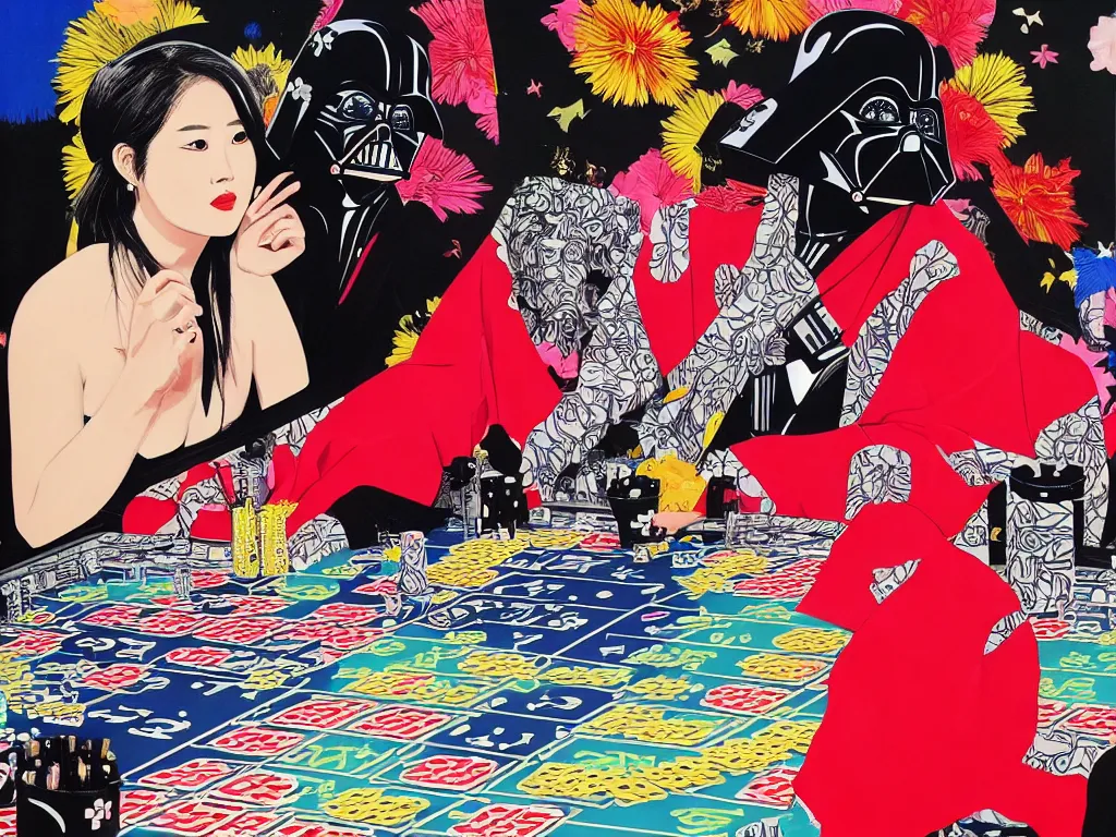 Image similar to hyperrealism composition of the detailed woman in a japanese kimono sitting at an extremely detailed poker table with darth vader, fireworks on the background, pop - art style, jacky tsai style, andy warhol style, acrylic on canvas