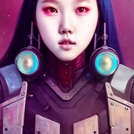 Image similar to portrait painting of olivia hye kpop as a cheerful smiling cyberpunk mercenary, ultra realistic, concept art, intricate details, eerie, highly detailed, photorealistic, octane render, 8 k, unreal engine. art by artgerm and greg rutkowski and magali villeneuve and alphonse mucha