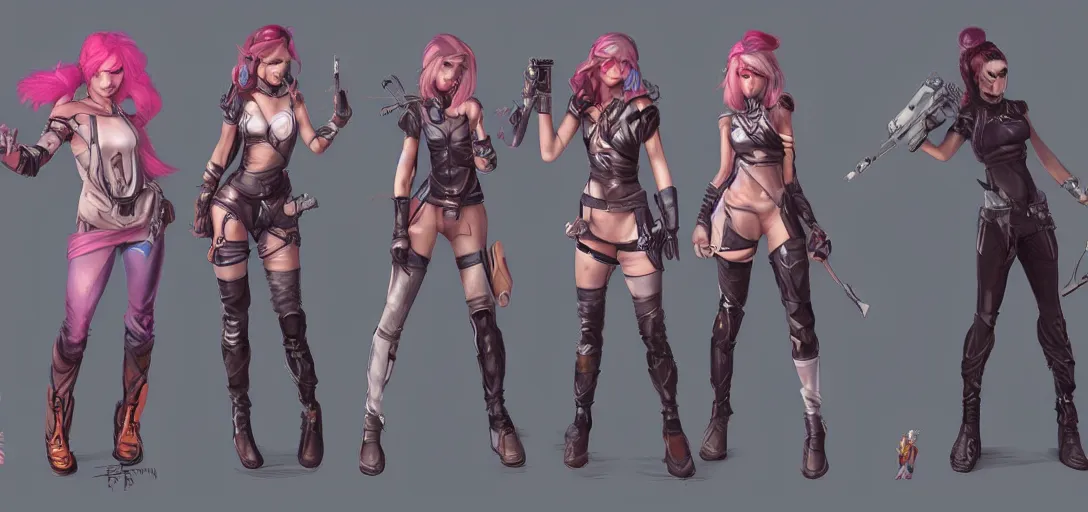 Prompt: character sheet concept art of female video game characters, renaissance, futurepunk, bright, parkour, rebel, by marc brunet and artgerm