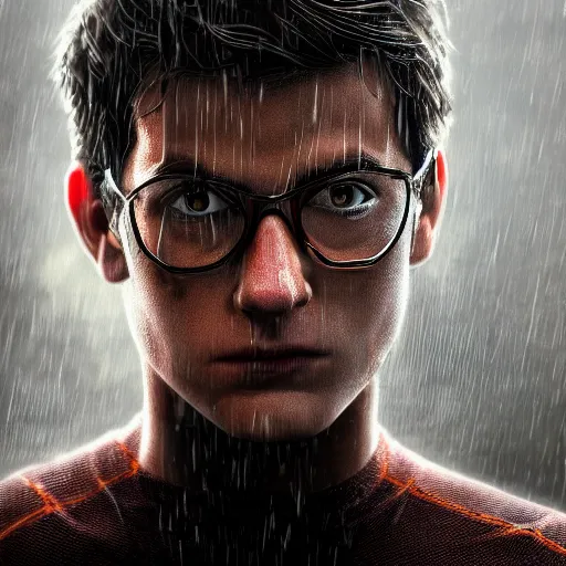 Prompt: Peter Parker open his mask , wet face , heavy rain ,dramatic, intricate, highly detailed, concept art, smooth, sharp focus, illustration, Unreal Engine 5, 8K
