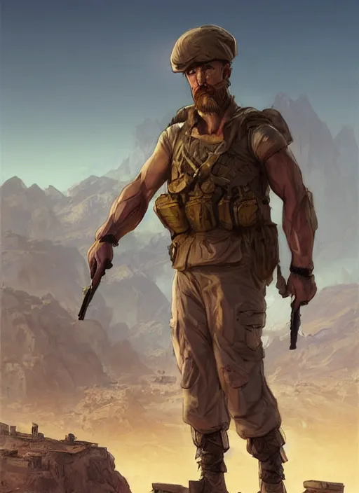 Prompt: purple lighting, detailed character concept illustration, white male strong muscular mature soldier with beard and short hair in a soldier uniform, desert with city in the background, sharp focus, illustration, highly detailed, digital painting, concept art, matte, art by wlop and artgerm and greg rutkowski, masterpiece