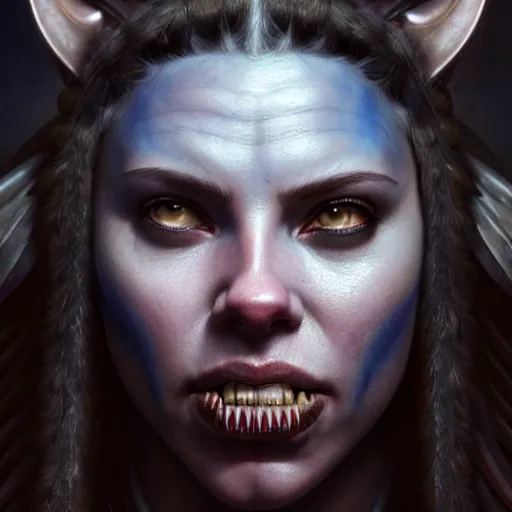 Prompt: portrait painting of a cyberpunk orc shaman extremely muscular ugly scarlett johansson with misshapen teeth, ultra realistic, concept art, intricate details, eerie, highly detailed, photorealistic, octane render, 8 k, unreal engine. art by artgerm and greg rutkowski and charlie bowater and magali villeneuve and alphonse mucha