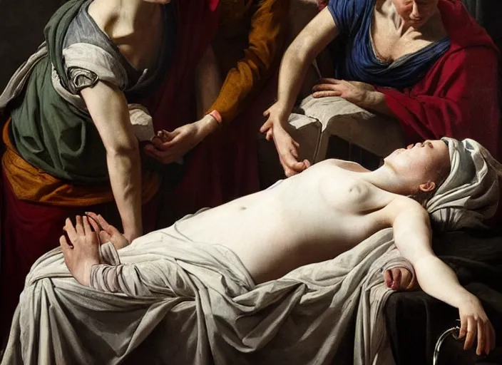 Image similar to this sorrowful picture illustrates the poignant death of lucretia which led to a revolt that overthrew the monarchy and established the republic of rome. hyperrealism, intricate details, trending on artsation