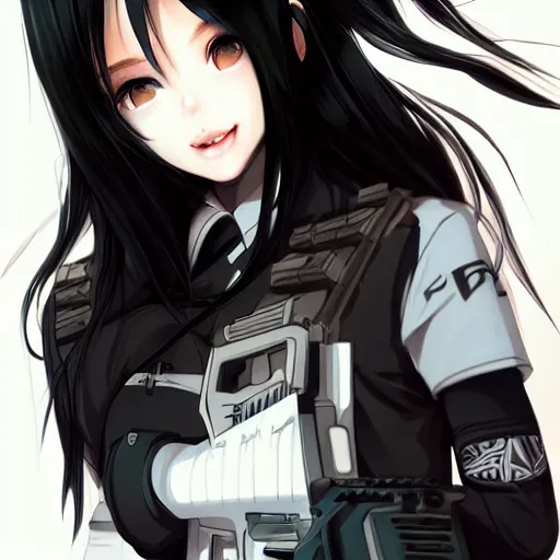 Image similar to upper body portrait of a beautiful girl with long black hair, wearing black riot gear, holding AR-15, drawn by WLOP, by Avetetsuya Studios, attractive character, colored sketch anime manga panel, trending on Artstation