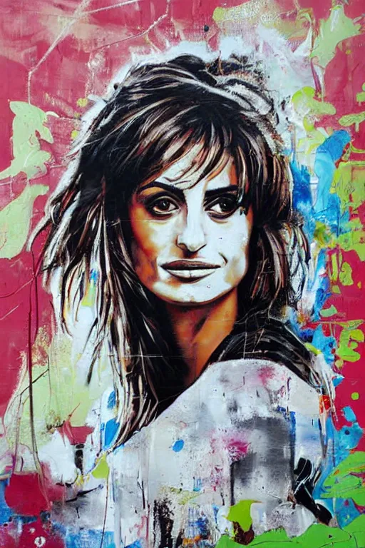 Image similar to oil painting, portrait of penelope cruz, wall with graffiti, splash painting, by bansky