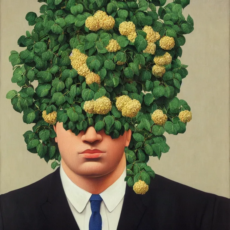 Prompt: portrait of a man, beautiful flowers are growing as his head, by rene magritte, detailed painting, hd, hq, high resolution, high detail, 4 k, 8 k