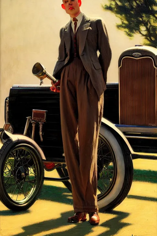 Image similar to attractive man standing in a 1 9 3 0 s suit near a ford model t, glossy oil painting by gaston bussiere, craig mullins, j. c. leyendecker, tom of finland