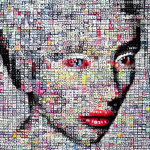 Image similar to beautiful portrait of a woman made from magazine clipplings, mcu, contrast, texture,