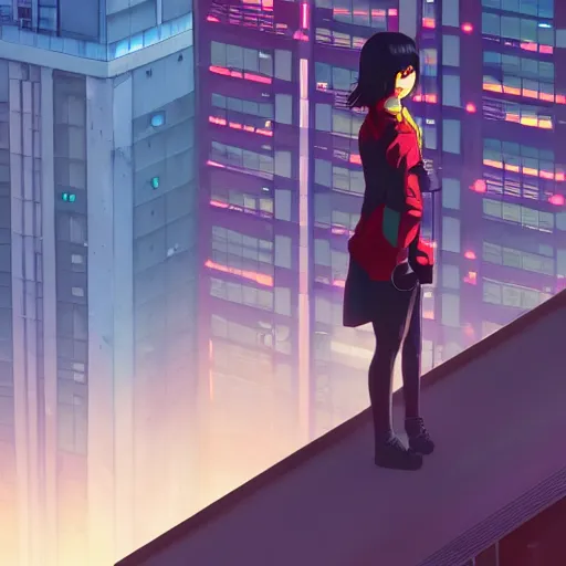 Image similar to a girl stands on top of a multi-storey building, anime style, 4k, cyberpunk city in the background, HD, artstation, very detailed, by Ilya Kuvshinov