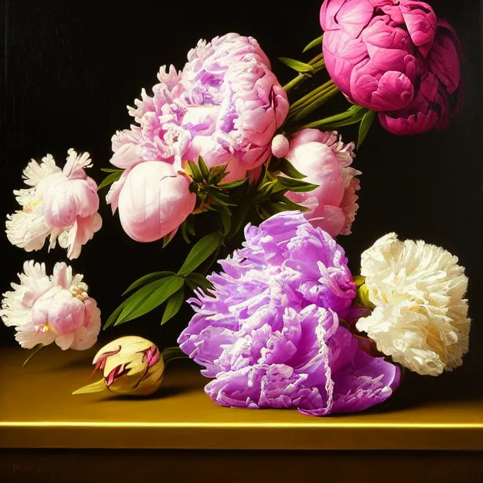 Prompt: still life painting of a beautiful bouquet of purple and pink peonies by pieter claesz, palm trees in the background, oil on canvas, strong lighting, highly detailed, hyper realism, golden hour, god rays, hd, 4 k