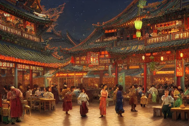 Prompt: fantasy art of a bustling tavern in china, at night, by james c christensen, highly detailed digital art, trending on artstation