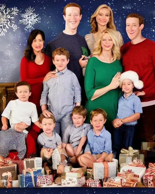 Prompt: postcard showing 'zuckerberg's christmas family pictures' laying on coffee table, zoomed out, HD, iphone capture