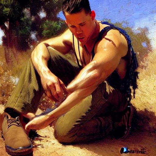 Prompt: channing tatum ties his shoes on a hot and sweaty summer day, painting by gaston bussiere, craig mullins, j. c. leyendecker, tom of finland