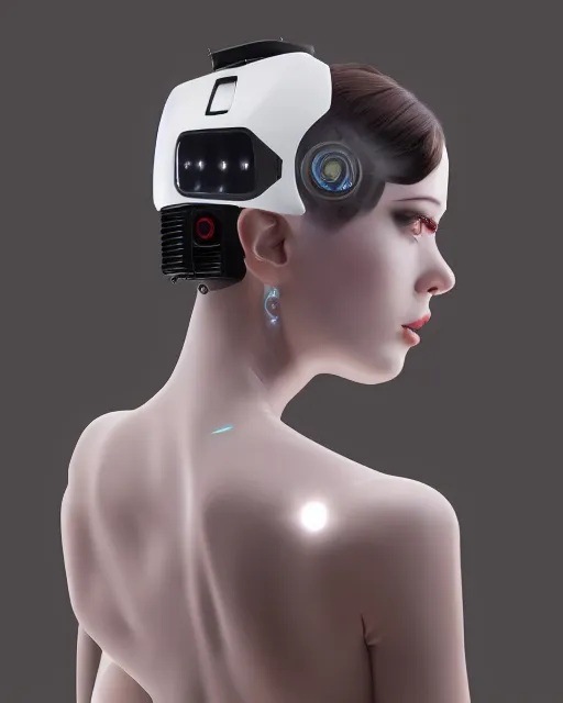 Prompt: 3 / 4 portrait photo of sensual dancer as a cyberpunk humanoid robotic head shoulder parts with straight bright led lights, inside white room, ultra - realistic and detailed, 8 k