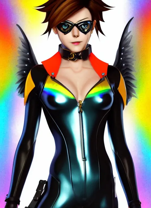 Image similar to portrait bust digital artwork of tracer overwatch, wearing iridescent rainbow latex and leather straps catsuit outfit, in style of mark arian, angel wings, wearing detailed leather collar, chains, black leather harness, detailed face and eyes,
