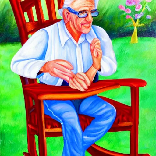 Image similar to a painting of grandpa yocheved avigayil batya tzfira wearing overalls on a rocking chair, telling stories, cute and wonderful vivid painting