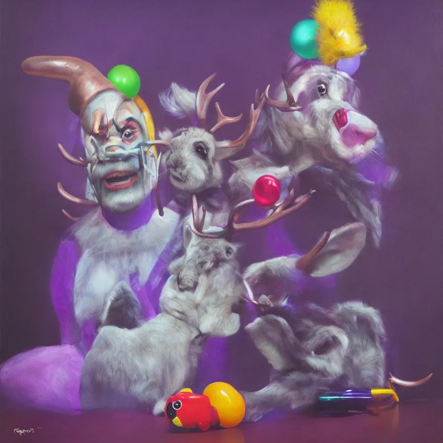 Image similar to rare hyper realistic portrait painting by raden wijaya, studio lighting, brightly lit purple room, a blue rubber ducky with antlers laughing at a giant laughing rabbit with a clown mask