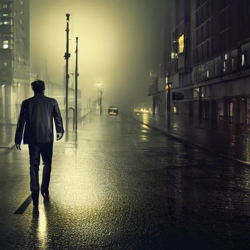 Image similar to photorealistic, hyperdetailed photograph portrait of robert downey junior, night, city, rain, dense fog, hd, 8 k resolution