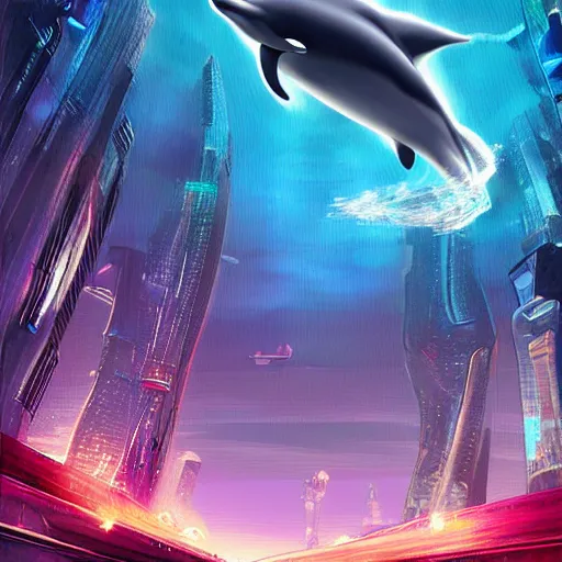 Image similar to an alien dolphin city, sci-fi digital art illustration,