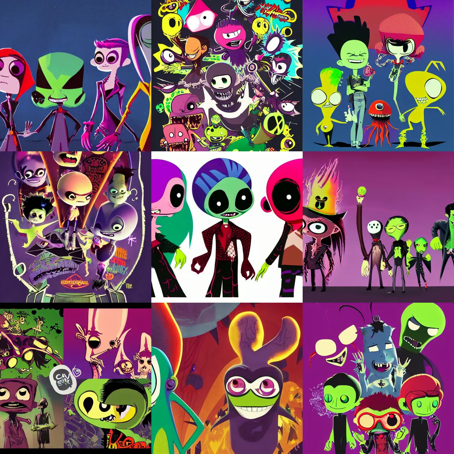 Prompt: psychic punk rocker vampiric electrifying rockstar vampire squid concept character designs of various shapes and sizes by genndy tartakovsky and rad sechrist and Jamie Hewlett from gorrilaz and splatoon by nintendo and the psychonauts franchise by doublefine tim shafer artists for the new hotel transylvania film