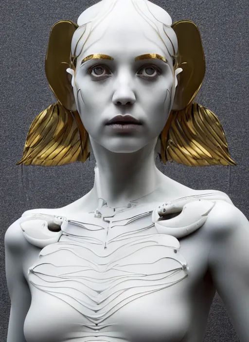 Image similar to a statue made of white marble with gold veins, of an beautiful gorgeous futuristic cybernetic angel girl, prostheses, transhumanism, full body shot, perfect symmetrical body, perfect symmetrical face, hyper realistic, hyper detailed, by johannen voss, by peter kemp, by monia merlo, by michelangelo, octane render, blender, 8 k