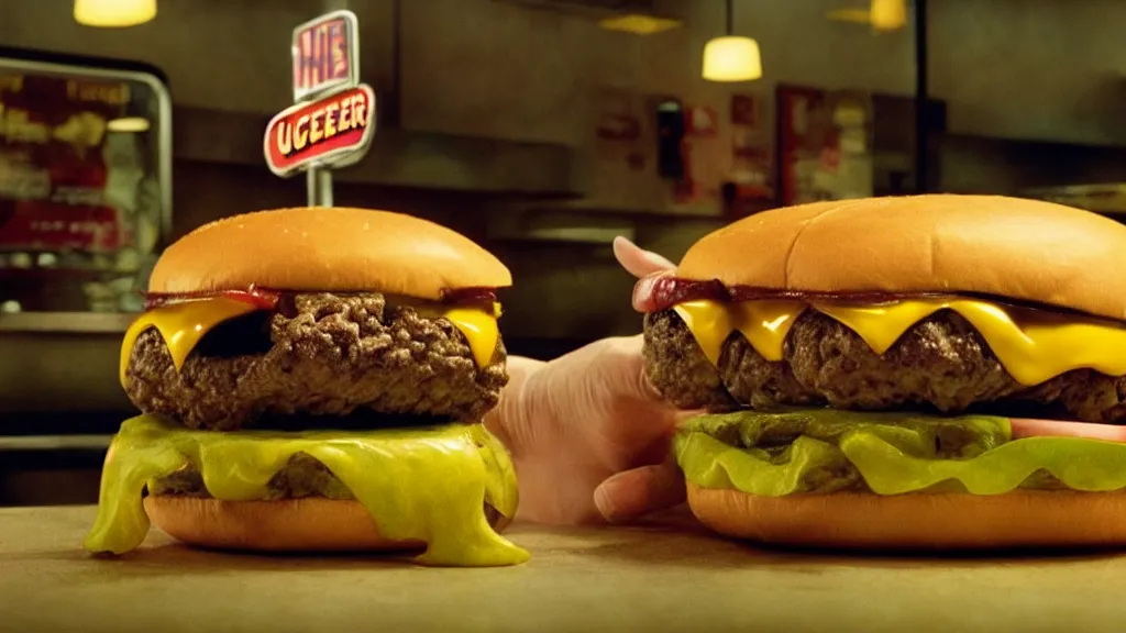 Image similar to the cheeseburger creature at the fast food restaurant, they steal my food, film still from the movie directed by denis villeneuve and david cronenberg with art direction by salvador dali and zdzisław beksinski, wide lens