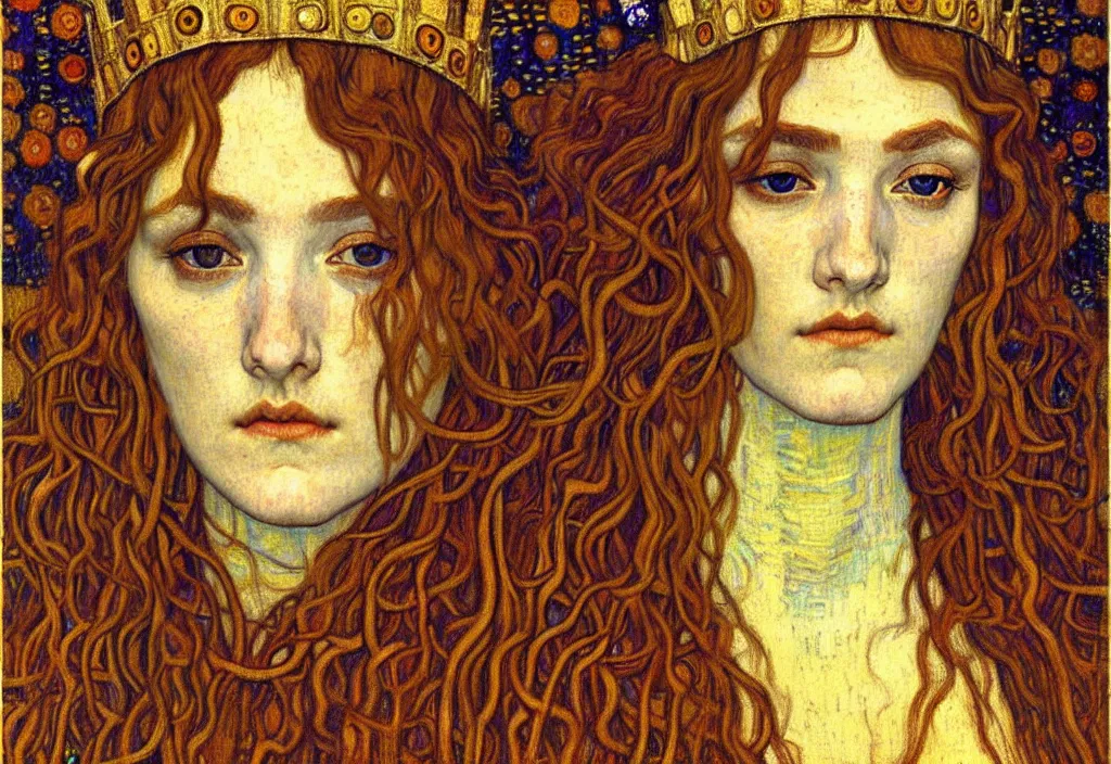 Image similar to detailed realistic beautiful young medieval queen face portrait by jean delville, gustav klimt and vincent van gogh, art nouveau, symbolist, visionary, gothic, pre - raphaelite, muted earthy colors, desaturated