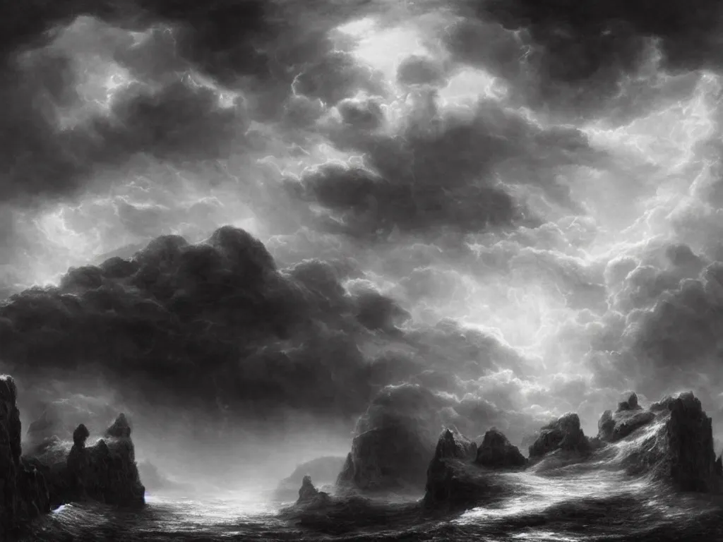 Prompt: very detailed, dark super storm, hyper realistic clouds that resemble large mountains, levitating large rocks. impressive, magical, very atmospheric, fog, cinematic, deep, very high complexity, stunning, dramatic masterpiece, iridescent, chiaroscuro, by gustave dore, caspar david friedrich, ian miller, very detailed. 4 k