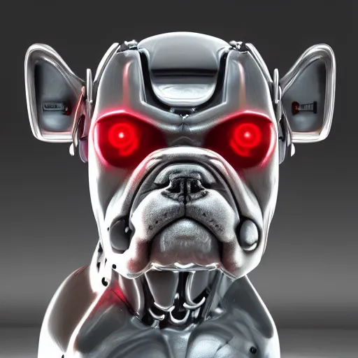 Prompt: « a cyborg bulldog sitting down, cyberpunk art by grillo demo, cgsociety, computer art, future tech, made of liquid metal, sketchfab »