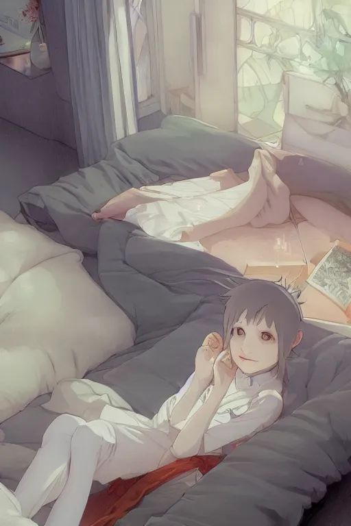 Image similar to a teenage girl with white short hair in a jk uniform outfit in the bedroom reading a book in a night, raining outside the window, grey and orange theme, by krenz cushart and mucha and greg rutkowski and makoto shinkai, detailed eyes, 4 k resolution