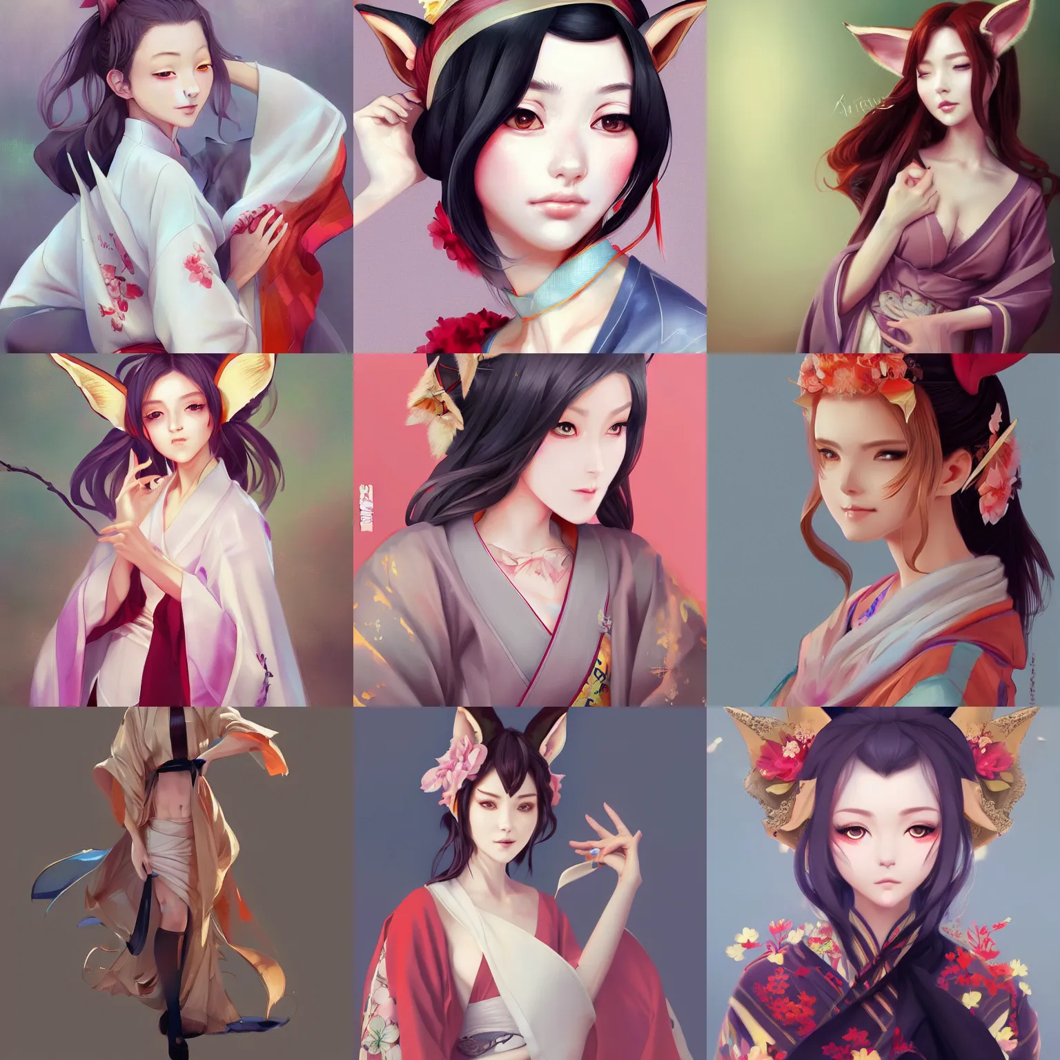 Prompt: A potrait of a beautiful, shapely woman with fox ears wearing a modest kimono, digital painting, by Stanley Artgerm Lau, WLOP, Rossdraws, LeraPi, and Sakimichan, digtial anime painting, trending on ArtStation, deviantart, SFW version