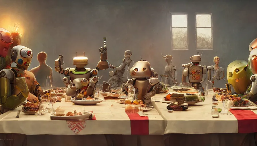 Image similar to a table dinner of android robots where robots are dressed like the characters from the midsommar movie, realistic detailed digital art by maxwell boas jessica rossier christian dimitrov anton fadeev trending on artstation cgsociety rendered in unreal engine 4 k hq