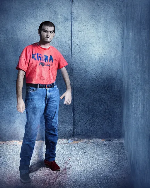 Image similar to prison mugshot of real - life mr. krabs, bright flash, red shell, blue shirt, blue jeans, low saturation, somber expression, protruding eyestalks, rugged textured face, soft vignette, soft focus, 5 0 mm, 4 k, nypd