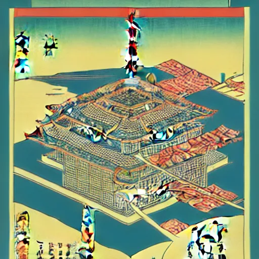 Prompt: propaganda poster of a high resolution map of a cyberpunk city in Ukiyo-e style, HD