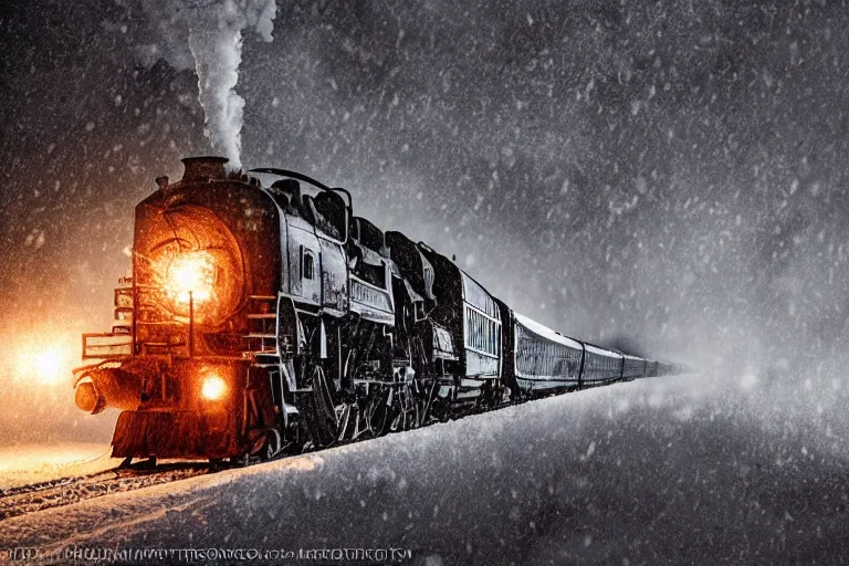 Image similar to an old locomotive rushing through snow storm in high speed, white steam on the side, dark smoke with fire! from the pipes, dynamic angled shot, speed lines, fire particles and snowflakes everywhere, 8 k, by jean - baptiste monge, 1 6 k, eerie moon eclipse cinematic scenery