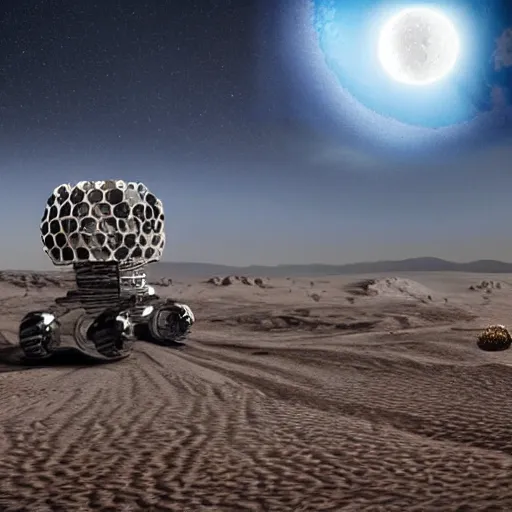 Prompt: robotic vehicle with honeycomb pattern, lunar landscape, concept art