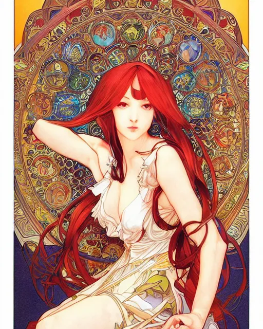 Image similar to intricate, epic composition, masterpiece, bold complimentary colors, by artgerm, range murata, alphonse mucha